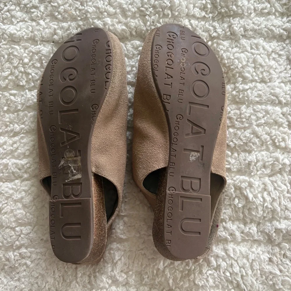Chocolat Blu‎ Val Tan Suede Slingback Peep Toe Wedge Sandals Womens 8.5 Casual